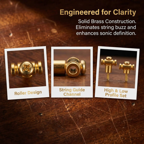 Top Tier Brass Guitar Roller String Retainers Fit Electric Guitars Perfectly Super Smooth String Trees, showing roller design and guide channel.