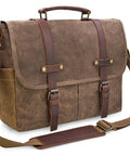 Top Tier Mens Messenger Bag Built Tough From Crazy Horse Leather And Hella Waterproof Waxed Canvas With Secure Compartments Fits 15.6 Inch Laptop For Daily Commute Work, shown at angle.
