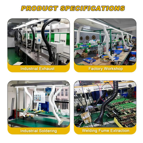 Adjustable 4.9FT Real Deal Smoke Extractor Arm With Heavy Duty Dust Hose For Soldering Fume Capture in factory workshop setting.