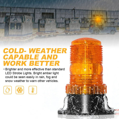 30 Led Amber Forklift Strobe Light 30W Heavy Duty Vehicle Safety Beacon close-up in rainy conditions showcasing weatherproof design.