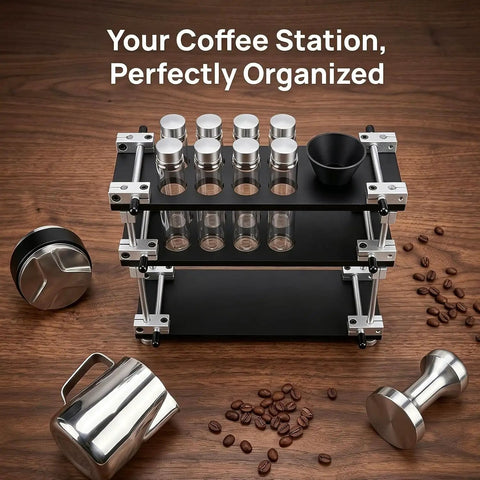 Keep Your Morning Brew On Lock With This Sleek Single Dose Coffee Bean Storage Rack Featuring Eight Smooth Glass Jars Precision Dosing Funnels And True One Way Seals For Every Chill Home Brewer.
