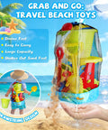 Epic 19-Piece Beach Sand Toy Set For Kids Ages 3 To 13 displayed in mesh bag with shovel and bucket on beach