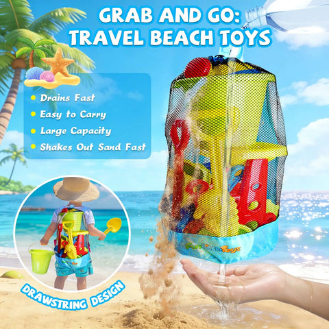 Epic 19-Piece Beach Sand Toy Set For Kids Ages 3 To 13 displayed in mesh bag with shovel and bucket on beach