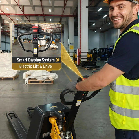 Super Heavy Duty Electric Pallet Jack With 4400 Lb Capacity And Dual Drive Modes For Tough Warehouse Work That Cracks Like A Whip showing smart display system.