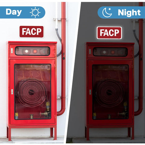 Comparative day and night view of fire alarm control panel with reflective sign above, showcasing visibility.