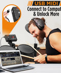 Musician playing 7 Piece Electric Drum Set With Mesh Snare And Tom Pads, 10 Inch Cymbals, USB MIDI Support, Recording Mode