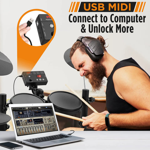 Musician playing 7 Piece Electric Drum Set With Mesh Snare And Tom Pads, 10 Inch Cymbals, USB MIDI Support, Recording Mode