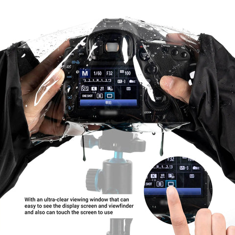 All Weather Pro Camera Rain Cover for DSLR and Mirrorless Cameras with ultra-clear window showing screen visibility