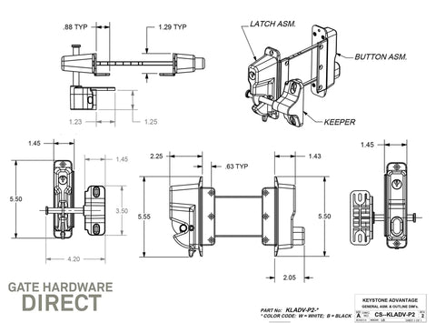 Technical drawing of Heavy Duty Black Zinc Diecast Metal Gravity Latch With Key Lock And Keyed Alike Design for gates.