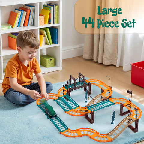 Child playing with Rex Racer Dino Race Track Set With Flexible Track And Motorized Car Totally Cool Kid Friendly STEM Toy