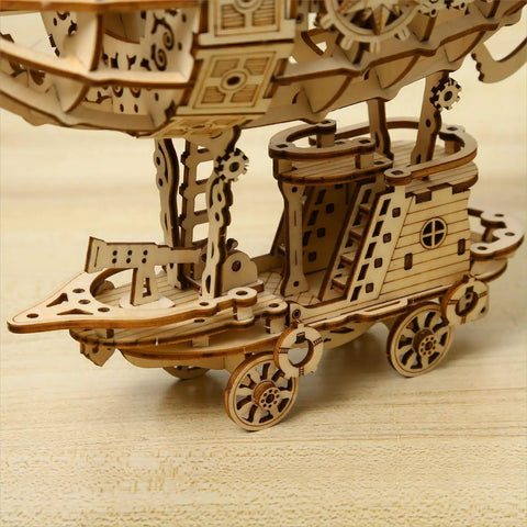 Close-up of 3D Wooden Airship Puzzle Kit For Adults And Teens Brain Teaser DIY Wood Model, detailed bottom view