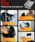 Collage image showing symptoms fixed by 279838 Dryer Heating Element Replacement For Maytag Kenmore Amana Roper Admiral Ned4655ew1 70 80 Series Models Pro Grade Heat Resistant Nickel Chromium Wire 25 Percent Longer For Even Drying And Longevity. Includes images of a man checking a watch, a noisy dryer, a steaming dryer, and dryer error code E1.
