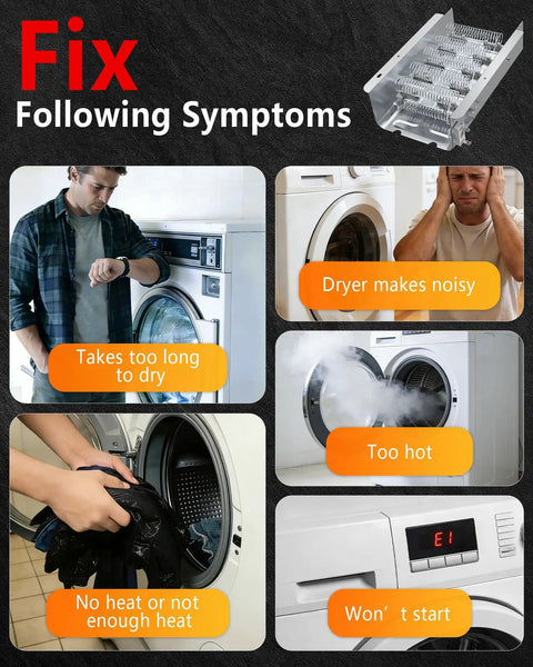 Collage image showing symptoms fixed by 279838 Dryer Heating Element Replacement For Maytag Kenmore Amana Roper Admiral Ned4655ew1 70 80 Series Models Pro Grade Heat Resistant Nickel Chromium Wire 25 Percent Longer For Even Drying And Longevity. Includes images of a man checking a watch, a noisy dryer, a steaming dryer, and dryer error code E1.