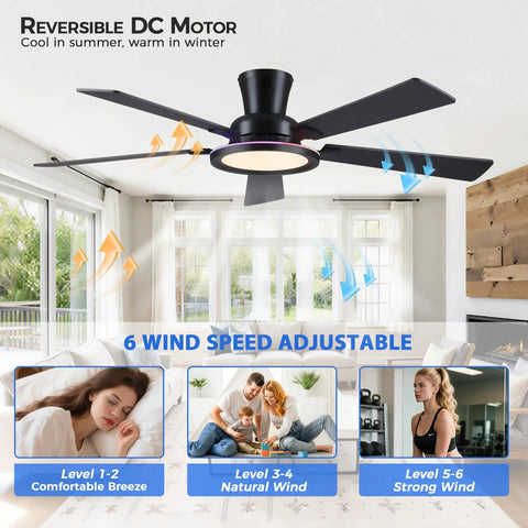 52 Inch Flush Mount Ceiling Fan With Built In Rgb Lights And Dimmable Warming Glow Featuring Brushless Reversible Motor With Six Adjustable Speeds And Low Profile Slim Frame in living room setting