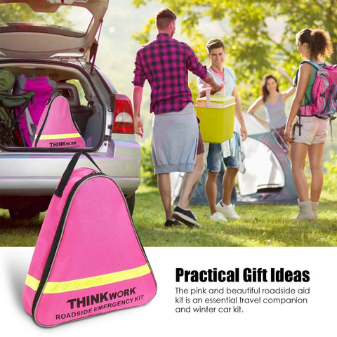 Pink Car Emergency Kit For Women And Teens With 10 Ft Jumper Cables, First Aid Kit, LED Flare, Deer Whistles, gift for her