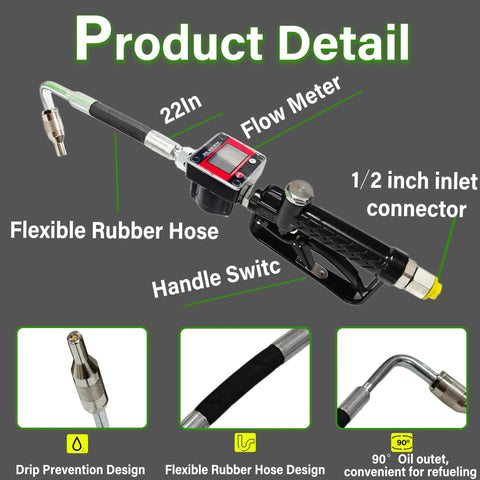 Diagram showing Beefy Heavy Duty Pneumatic Oil Dispensing Gun With Digital Flow Meter, Flexible Hose, 1/2 inch Inlet Connector
