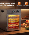 Slick Eight Tier Food Dehydrator making tough jerky, dried fruit, fresh herbs with 500W, featuring adjustable racks and timer.