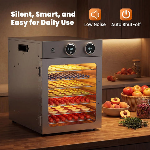 Slick Eight Tier Food Dehydrator making tough jerky, dried fruit, fresh herbs with 500W, featuring adjustable racks and timer.
