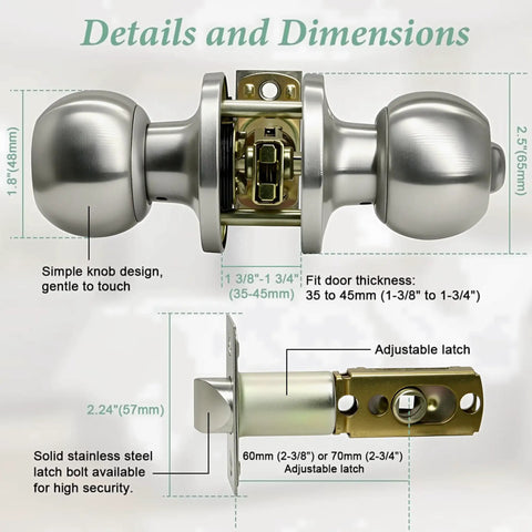 Details of Brushed Nickel Round Privacy Door Knobs, smooth satin finish, keyless, adjustable latch, ideal for bedrooms and bathrooms.