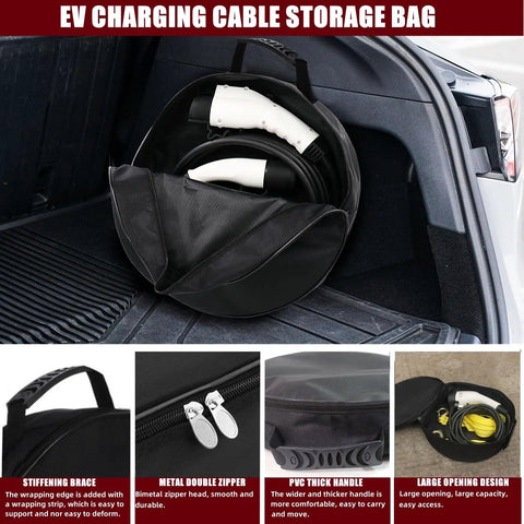 Slick EV Cable Carrier Bag For Electric Vehicle Charging Cables And RV Sewer Hose Organizer with zipper and handle in trunk