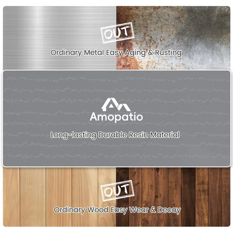 Comparison showing ordinary metal aging, wood decay, and Amopatio resin material for Lockable Plastic Garden Shed With Floor For Backyard Storage No Fuss Weatherproof Resin Tool Shed For Lawn Patio And Bike Ventilated To Stay Fresh Outdoor Storage Cabinet 6x4.5 Ft Gray.