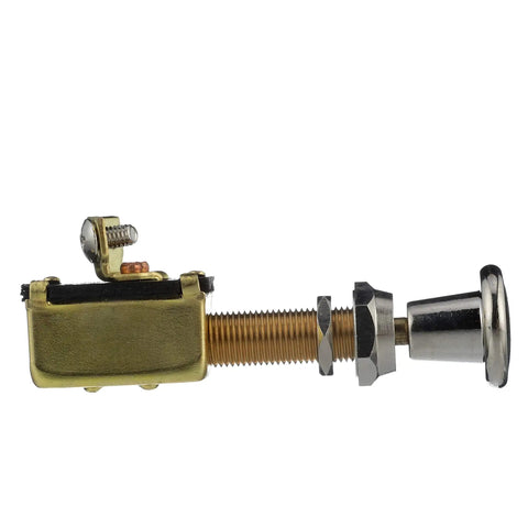 Side view of Built Tough Heavy Duty 2 Position Push Pull On Off Switch for marine lights with chrome knob and stainless steel springs.