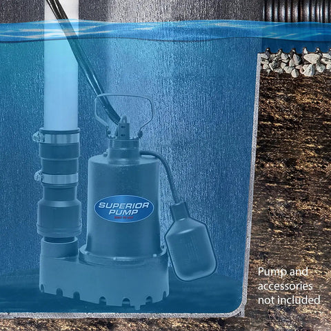 25 Foot Tethered Float Switch For Sump And Sewage Pumps attached to submerged pump, side view with water level