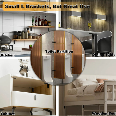 Various uses of Solid As A Rock Heavy Duty L Brackets for kitchen shelves, cabinets, dining table, and partition supports.