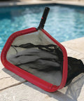 Wide 17.5 Inch Frame Pool Leaf Rake With 14 Inch Standard Mesh Bag for easy debris cleanup next to a pool