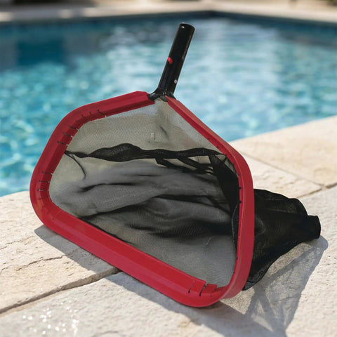 Wide 17.5 Inch Frame Pool Leaf Rake With 14 Inch Standard Mesh Bag for easy debris cleanup next to a pool