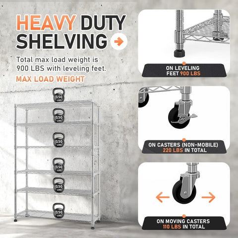 Heavy Duty Wire Shelving Unit 82 Inches Tall Featuring Adjustable Steel Racks That Split Into Independent Multi Tier Storage Organizers No Sweat Assembly For Garage Or Basement with load details and leveling feet.