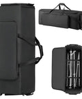 Rock Solid Drum Hardware Rolling Bag With Smooth Gliding Wheels And Extra Thick Padding For Snare Cymbal Stands And Kick Drum Pedals Legit Heavy Duty Music Gear Hauler In Black, showing exterior and interior with drum stands.