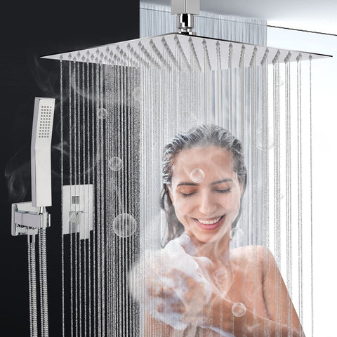 Ceiling Mount Shower System With Luxury Rain Shower Head And Handheld Combo, chrome finish, in use for spa-like rainfall experience.