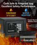 Home Money Safe Box With Sensor Light And Fireproof Bag, showing digital keypad and fireproof bag against flame backdrop.