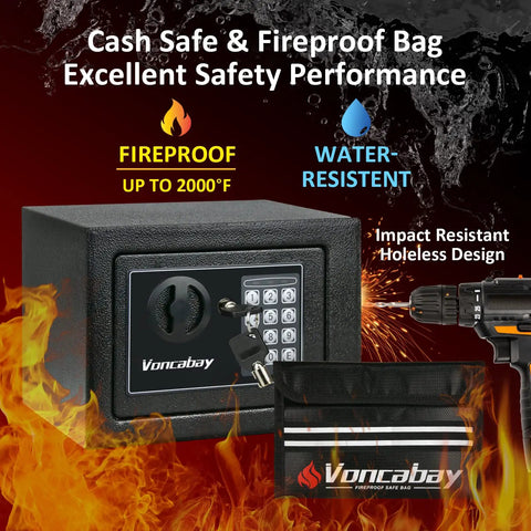 Home Money Safe Box With Sensor Light And Fireproof Bag, showing digital keypad and fireproof bag against flame backdrop.