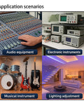 Image showing application scenarios for audio equipment, electronic instruments, musical instruments, and lighting adjustment.