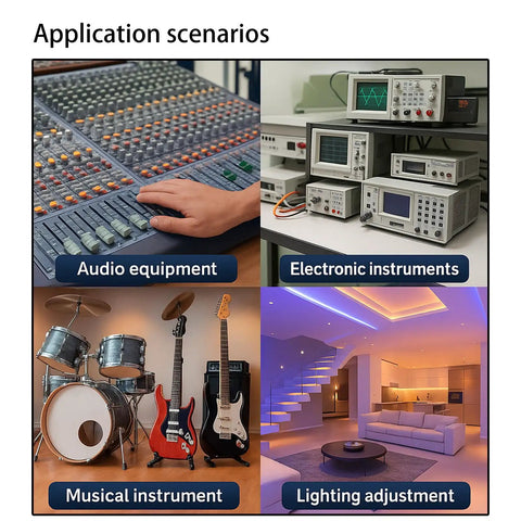Image showing application scenarios for audio equipment, electronic instruments, musical instruments, and lighting adjustment.