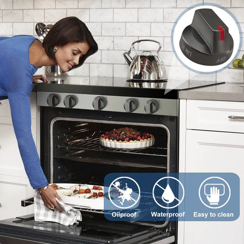 Woman using premium 5 pack black stainless gas range knobs replacement for high end ovens on NX58J7750SG.