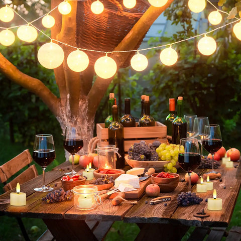 Outdoor table set with wine, cheese, and USB Rechargeable 3D Wicks Tealight Candles Flameless Flickering Battery Operated