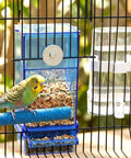 Straight-Up No-Mess Bird Feeder And Water Dispenser Set Featuring Automatic Drinking Bottles And Fresh Food Bowls With A Sturdy Chew Stick And Fast Cleanup Scoop Ideal For Joyful Parakeets Cockatiels And Lovebirds In Bright Blue with a budgie perched on a chew stick.