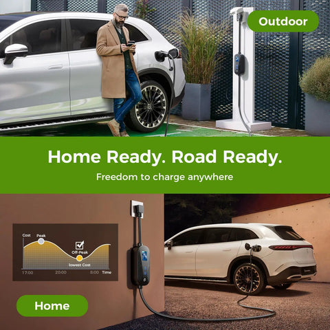 Smooth Setup And Slick Performance Level 1 And Level 2 EV Charger With J1772 Connector charging two vehicles outdoors.