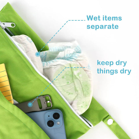 Open Cloth Diaper Wet And Dry Bags 2 Pack With Dual Zippered Pockets Waterproof showing diapers and phone inside