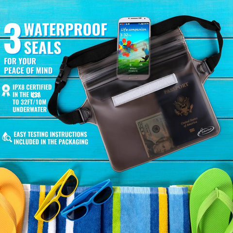 Killer Waterproof Fanny Pack Phone Pouch Dry Bag with phone and passport on a blue background with sandals and sunglasses.