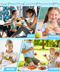 Collage of people using Five Pack 36 Oz Glass Meal Prep Containers With Airtight Lids BPA Free Glass Lunch Storage for gym, school, work, picnics.