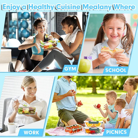 Collage of people using Five Pack 36 Oz Glass Meal Prep Containers With Airtight Lids BPA Free Glass Lunch Storage for gym, school, work, picnics.