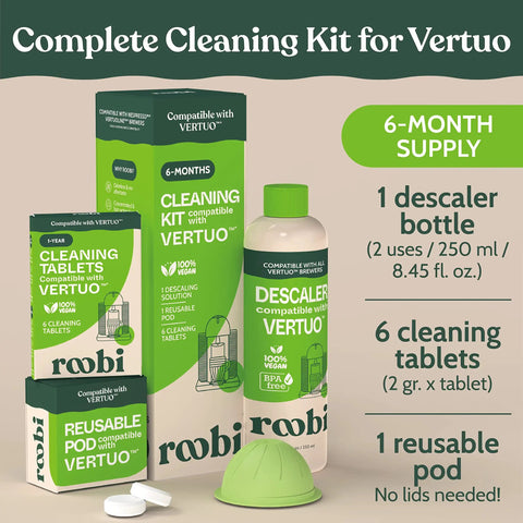 Nespresso Vertuo Cleaning And Descaling Kit For Eco Friendly Maintenance Includes Descaling Solution Bottle No Fuss Six Cleaning Tablets Reusable Pod Carbon Neutral Vertuoline Care Six Month Supply packaging