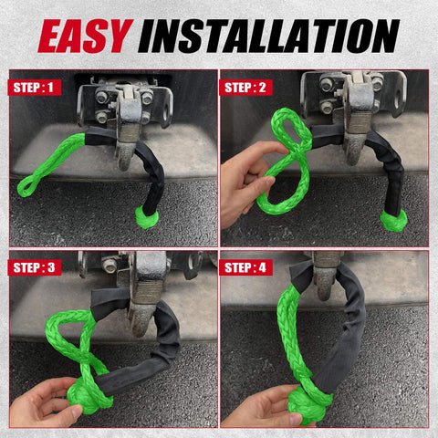 Step-by-step installation of Two Pack Green Soft Shackle With 57,000 Lbs Breaking Strength Beefy Half Inch By 22 Inch Protective Sleeve