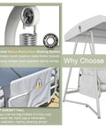 Oversized Outdoor Porch Swing With Adjustable Backrest And Canopy, close-up on noise-reduction system and cup holder design.