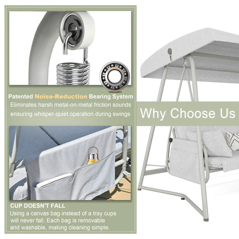 Oversized Outdoor Porch Swing With Adjustable Backrest And Canopy, close-up on noise-reduction system and cup holder design.