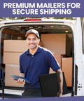 Man holding Black Poly Bubble Mailers 14.50x20 Inch Self Seal Large Padded Envelopes in front of van with boxes